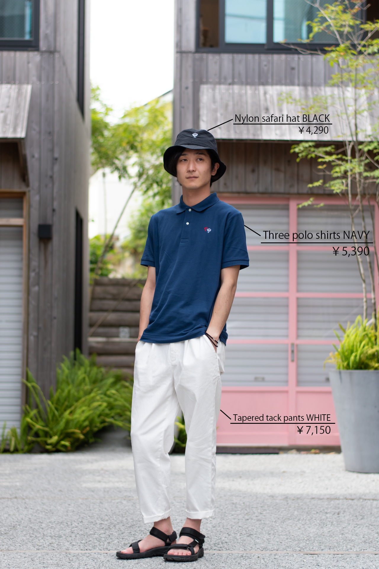 メンズ　白パンツコーデ　ポロシャツ　リンクコーデ　夏コーデ